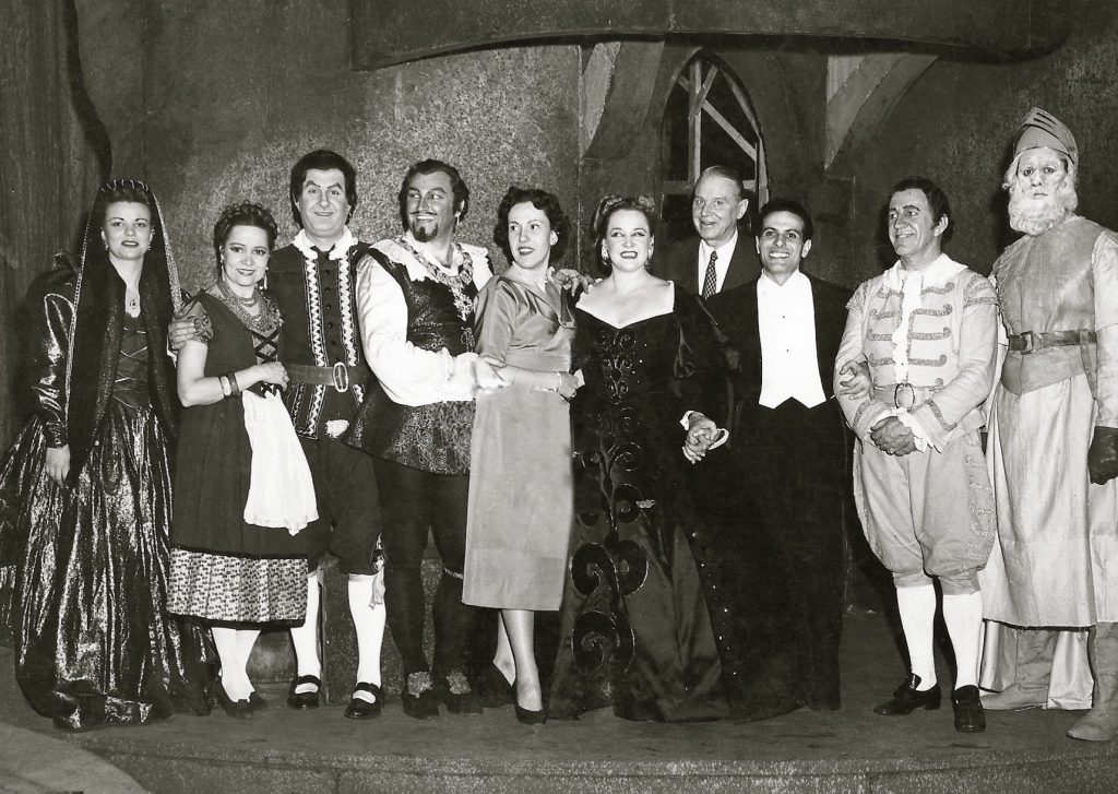 Don Giovanni, Chicago cast Left-Right  Irene Jordan, Bidú Sayão, Lorenzo Alvary, Nicola Rossi Lemeni, Carol Fox, Eleanor Steber, William Wymetal, Nicola Rescigno, John Brownlee, Louis Sgarro